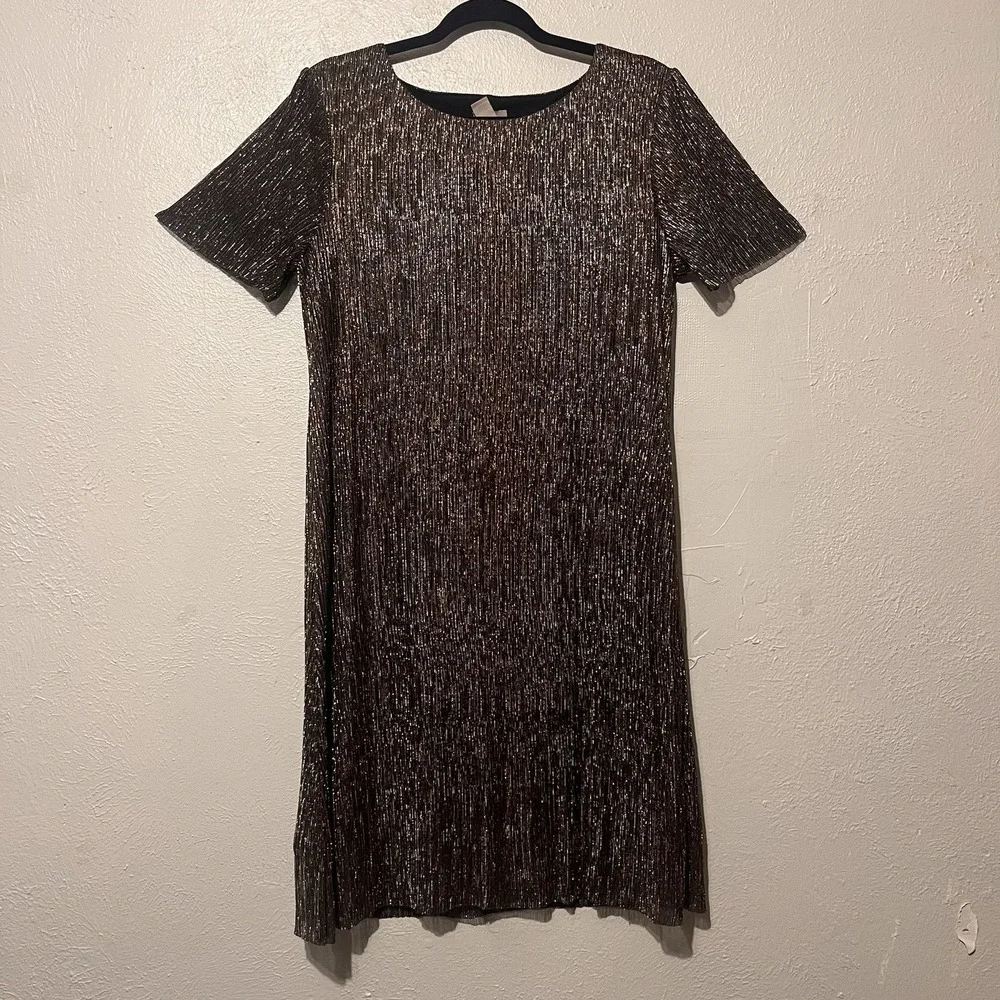 Chicos‎ Shimmer Gold Sparkle Short Sleeve Lined Pullover Dress Size 1/ M